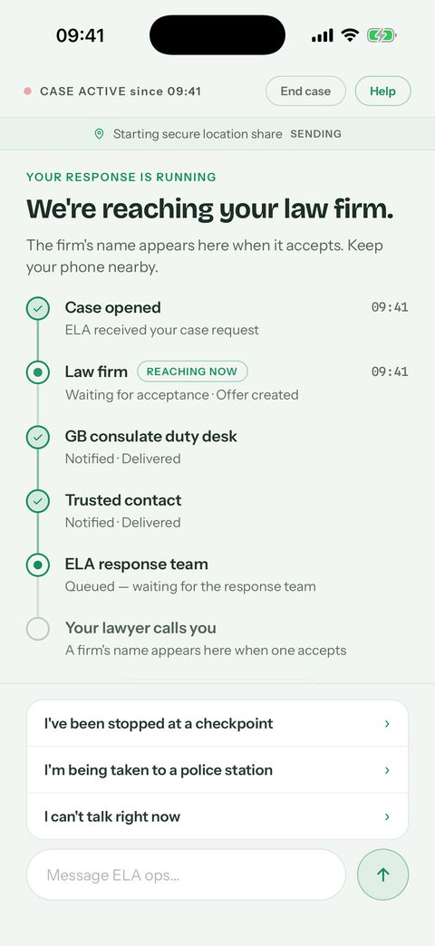 Live case timeline: case opened, law firm, consulate, trusted contact and response team