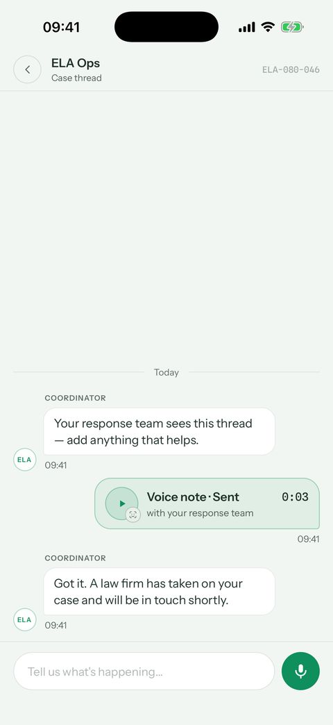 Case chat with the ELA response team, including a voice note