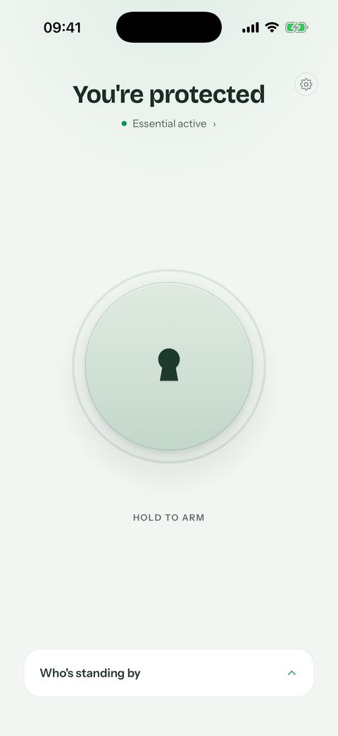 ELA home screen: You're protected, with the hold-to-arm button