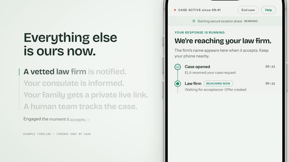 Poster frame from the ELA launch film: 'Everything else is ours now' beside a phone showing a live case